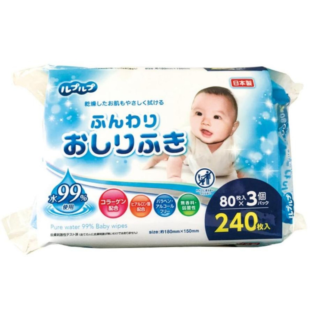 Life-do.Plus- LPLP Bottom Wipes Water 99% 80 sheets × 3 packs 660g