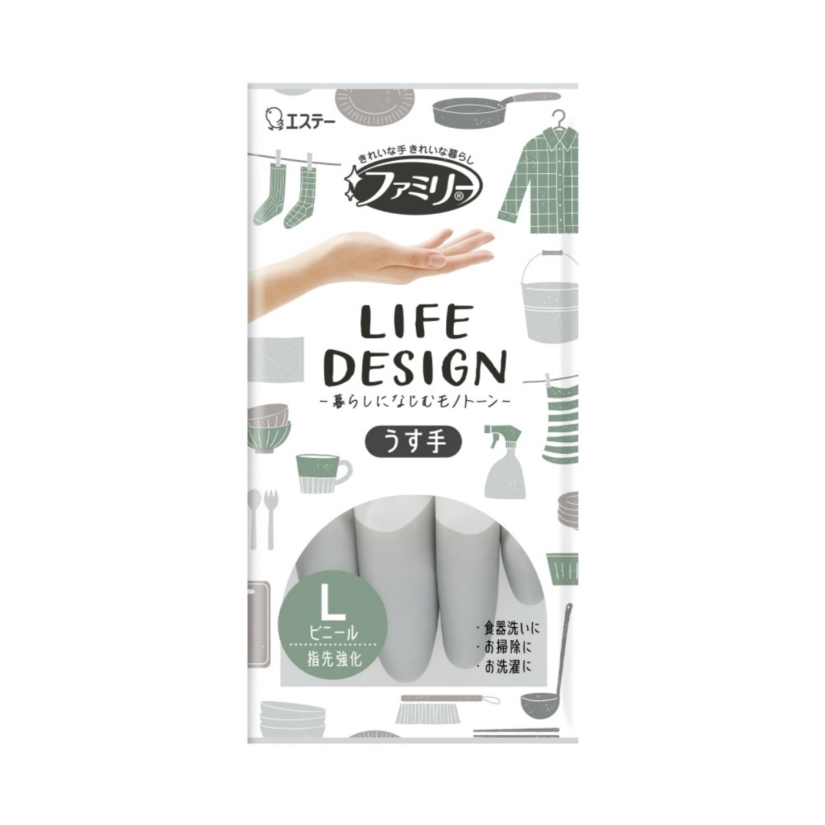 ST- Family Vinyl Thin Gloves Life Design, Size L, Gray (10 x24)